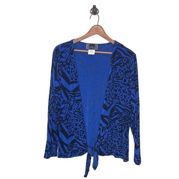Slinky Brand Medium M Blue Leopard Zebra Stretch Knit Tie Front Cardigan Sweater - Picture 1 of 3